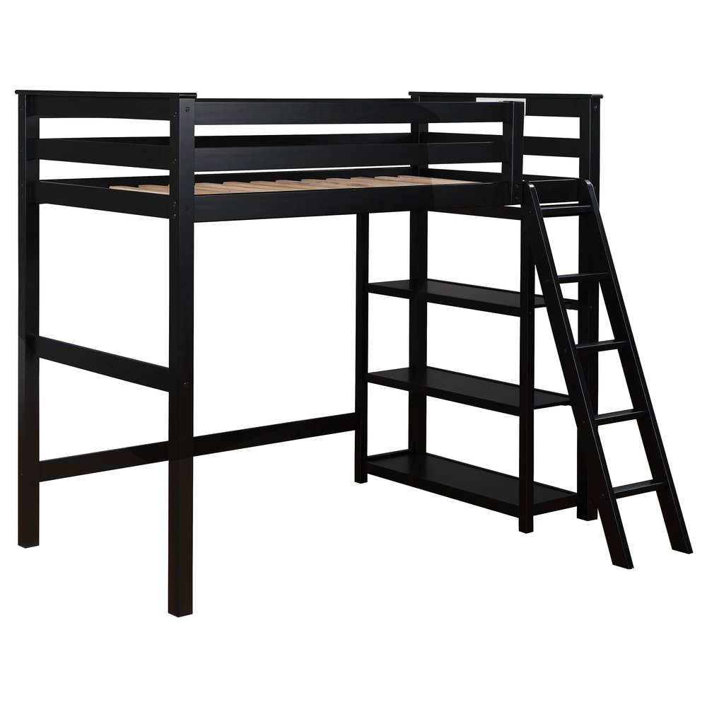 Coaster Home Furnishings Anica Transitional Wood Twin Size Loft Bed Frame with Ladder and Guardrails Fully Slatted Mattress Ready Foundation Black 460084