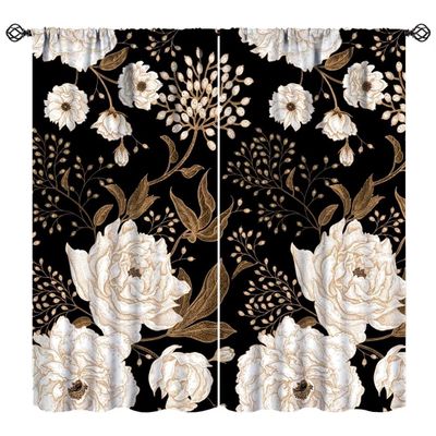 JanJCurt Black Gold Floral Curtains, Retro Peony Rose Flowers Oriental Style Gothic Garden Blackout Window Treatments for Farmhouse Living Room Bedroom Kitchen 42x63in