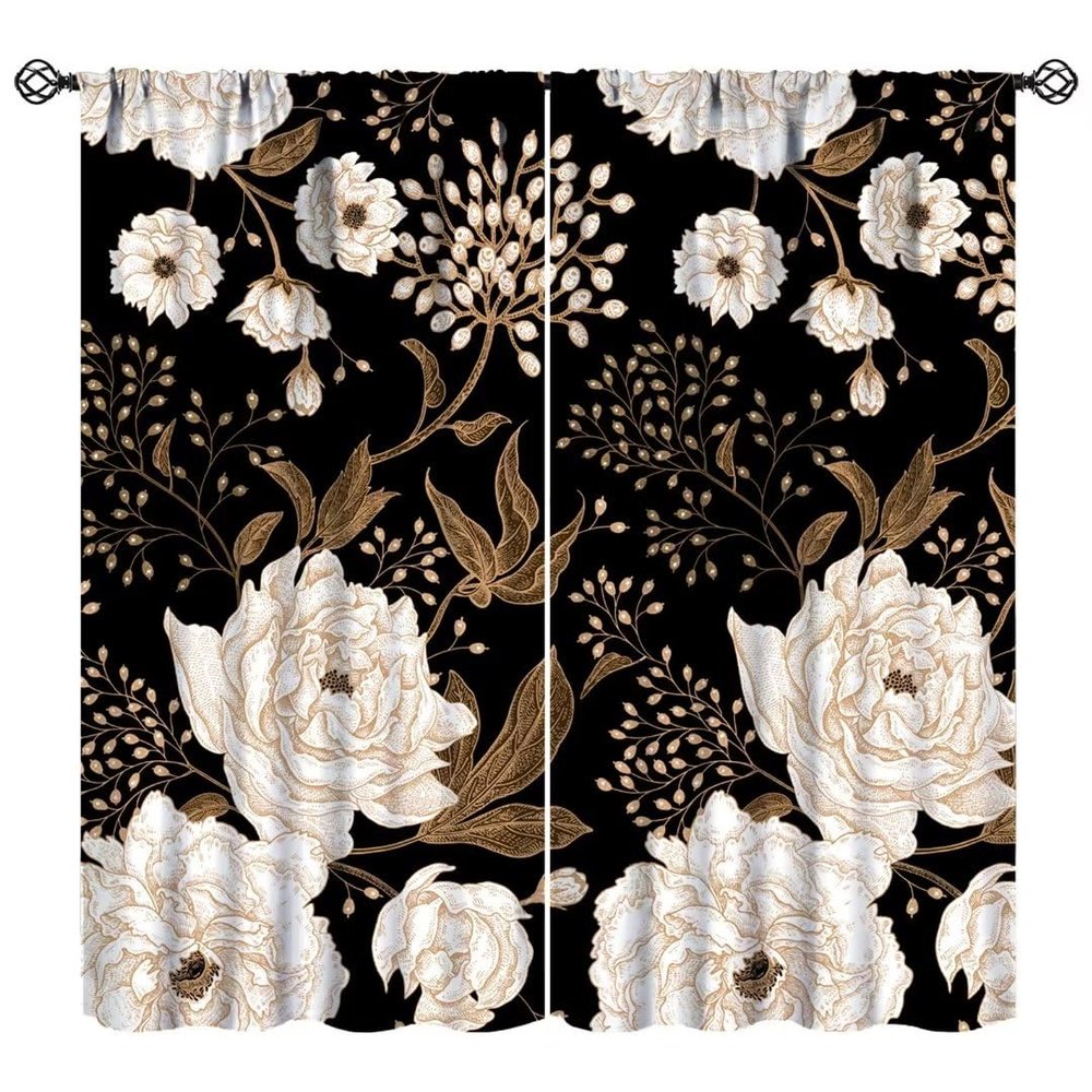 JanJCurt Black Gold Floral Curtains, Retro Peony Rose Flowers Oriental Style Gothic Garden Blackout Window Treatments for Farmhouse Living Room Bedroom Kitchen 42x63in
