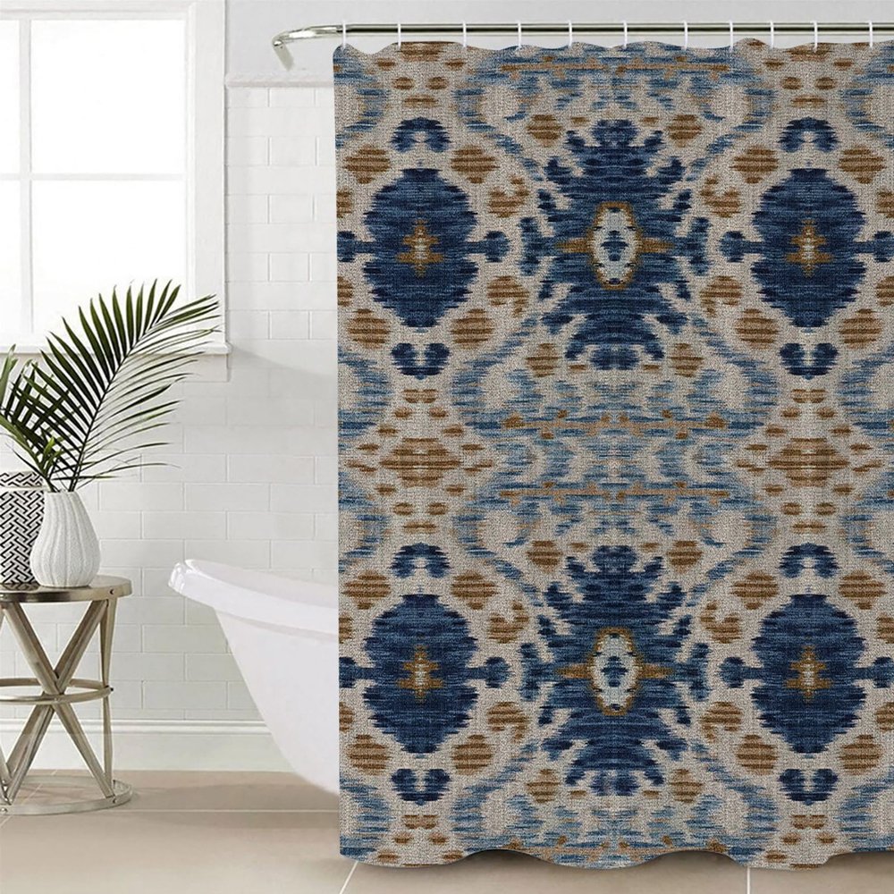 Anzona Boho Blue Brown Waterproof Shower Curtains Set - Stall 48 x 72 Inch, Ethnic Modern Geometric Abstract Art Polyester Fabric Bathroom Curtain with 12 Hooks, Bathroom Accessories, 1 Panel