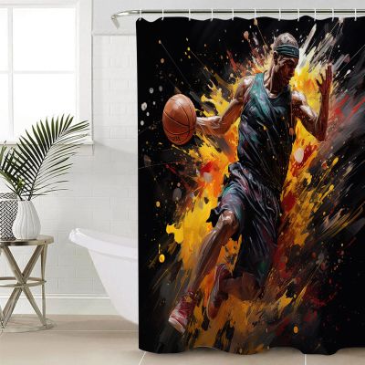 Anzona Basketball Player Waterproof Shower Curtains Set - Stall 48 x 72 Inch, Modern Abstract Art Watercolor Polyester Fabric Bathroom Curtain with 12 Hooks, Bathroom Accessories, 1 Panel