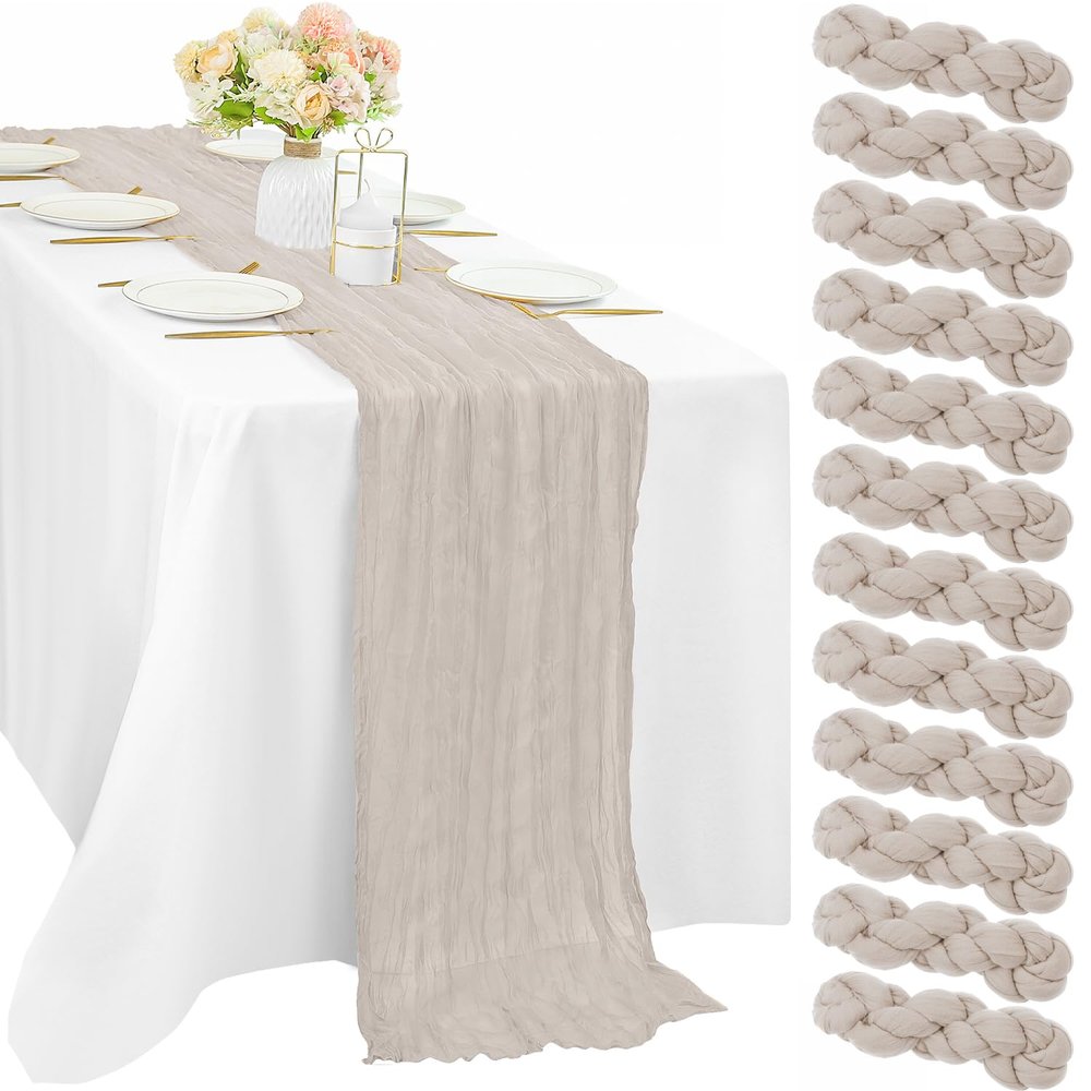 12 Pcs Cheesecloth Table Runner 10FT Rose Brown Runner for Tables Gauze Fabric 35 x 120 Inches Long Boho Table Runner Decor Rustic Sheer Runner for Wedding Birthday Bridal Shower Party (Rose Brown)