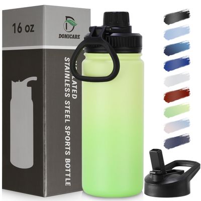 DOMICARE 16 oz Water Bottle Stainless Steel Double Wall Vacuum Insulated Water Bottle with Straw lids & Spout Lid, Leakproof