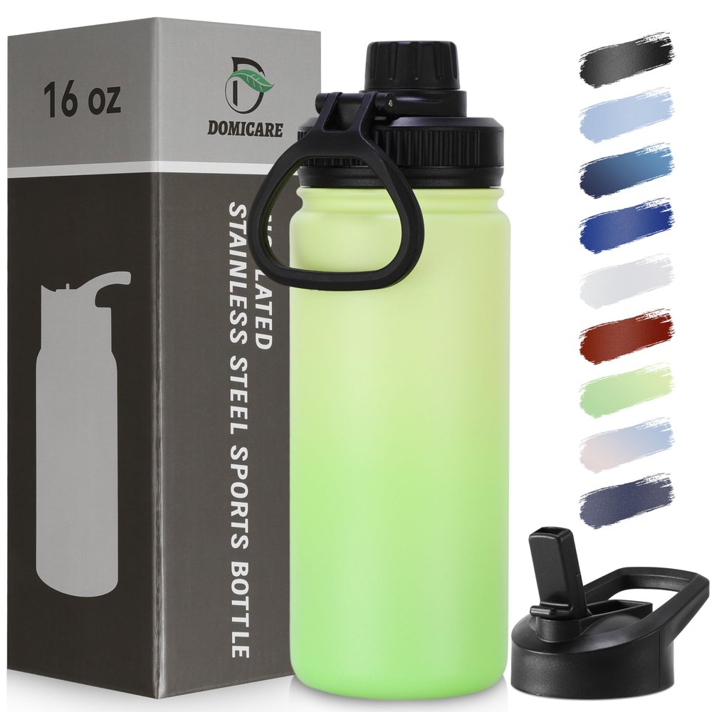 DOMICARE 16 oz Water Bottle Stainless Steel Double Wall Vacuum Insulated Water Bottle with Straw lids & Spout Lid, Leakproof