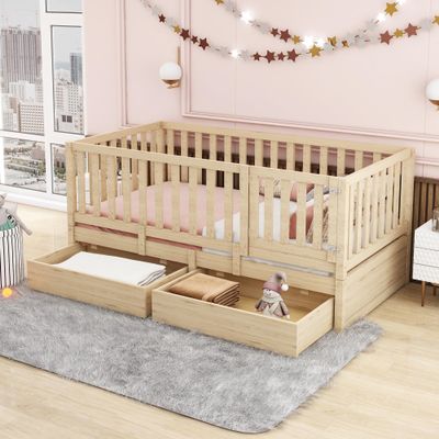Wood Twin Size Daybed with Fence Guardrails and 2 Drawers, Used as Independent Floor Bed & Daybed,for Kids Toddler Teens Adults Bedroom Use (Natural@Fence, Twin)