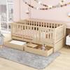 Wood Twin Size Daybed with Fence Guardrails and 2 Drawers, Used as Independent Floor Bed & Daybed,for Kids Toddler Teens Adults Bedroom Use (Natural@Fence, Twin) view 1
