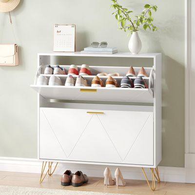 NOVAMAISON Shoe Cabinet with 2 Flip Drawers, Shoe Storage Cabinet Entryway Slim, White and Gold Narrow Shoe Cabinet w/Metal Legs, Hidden Freestanding Shoe Rack Organizer for Entryway, White