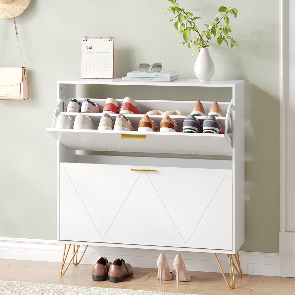 NOVAMAISON Shoe Cabinet with 2 Flip Drawers, Shoe Storage Cabinet Entryway Slim, White and Gold Narrow Shoe Cabinet w/Metal Legs, Hidden Freestanding Shoe Rack Organizer for Entryway, White