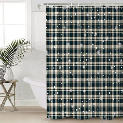 Anzona Christmas Snowflake Waterproof Shower Curtains Set - Stall 48 x 72 Inch, Black Beige Checkered Xmas Polyester Fabric Bathroom Curtain with 12 Hooks, Bathroom Accessories, 1 Panel