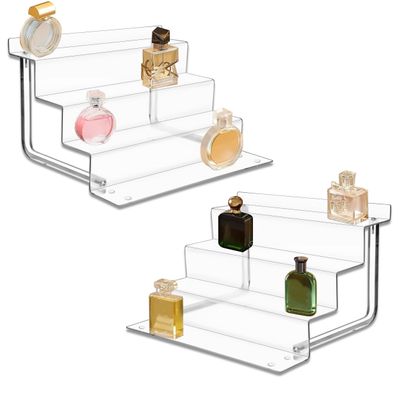 AMT Acrylic Riser Display Stand, 100% Acrylic Clear 4-Tier Organizer for Figures, Cupcake, Perfume, Sunglasses (12 inch x 2.75 inch) 2-pack