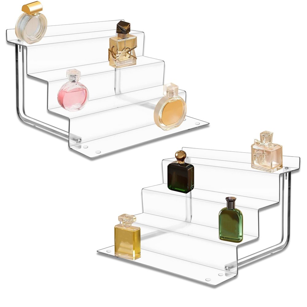 AMT Acrylic Riser Display Stand, 100% Acrylic Clear 4-Tier Organizer for Figures, Cupcake, Perfume, Sunglasses (12 inch x 2.75 inch) 2-pack