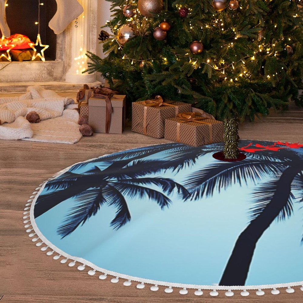 48" Christmas Tree Skirt with Pom Poms Palm Tree Blue Christmas Tree Mat Cover Xmas Tree Skirt for Xmas Holiday Party Christmas Decoration Ornaments Pom Poms Tree Skirt for Happy New Year