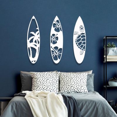 3 Pieces Metal Surfboard Wall Decor, Surfboard Metal Wall Art, Metal Palm Tree Wall Decor, Sea Turtle Wall Decor, Tropical Metal Art Wall Decor, Coastal Metal Wall Art, Gift for Surfers (6 x24 inchesx3 pcs / 16.5x60 cmx3 pcs, White)
