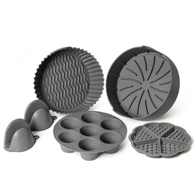EM Set of 5 Silicone Air Fryer Liners with Egg Bite Mold, Waffle Mold & Mitts - 8.7 Round Reusable Silicone Inserts for 5-7 Qt Airfryers - Easy to Clean & Heat-Resistant Air Fryer Accessories Set