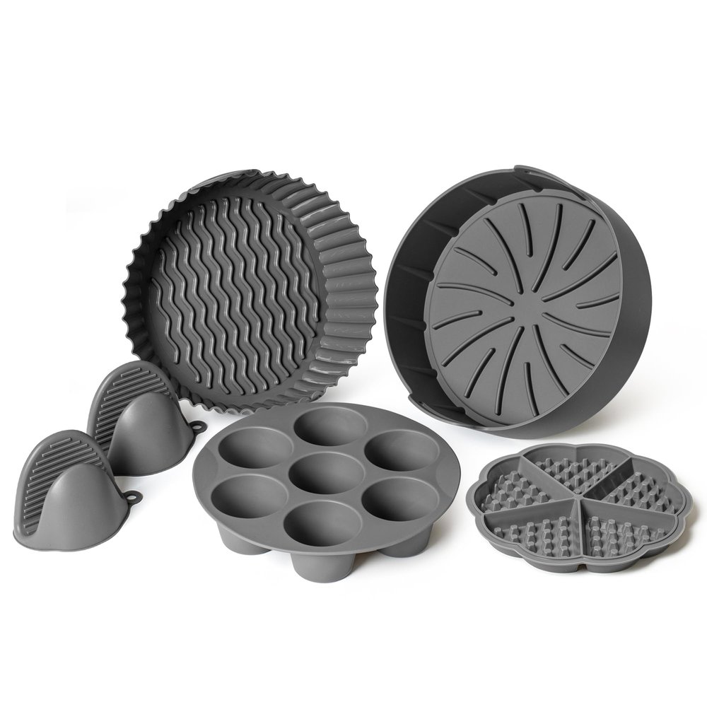 EM Set of 5 Silicone Air Fryer Liners with Egg Bite Mold, Waffle Mold & Mitts - 8.7 Round Reusable Silicone Inserts for 5-7 Qt Airfryers - Easy to Clean & Heat-Resistant Air Fryer Accessories Set