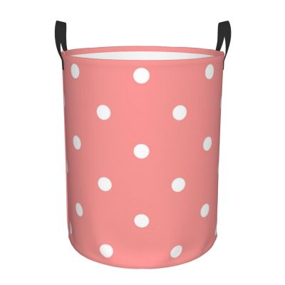EdNeY Pale Pink Polka Dots Laundry Basket Waterproof Foldable Laundry Hamper with Durable Handle Circular Dirty Clothes Storage Basket for Family Bathroom Bedroom Dorm, Medium, Zxxzyl1110-36