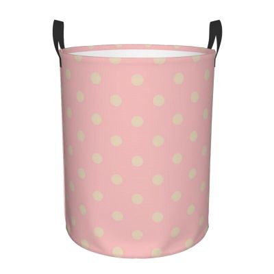 Retro Beige Polka Dot Pink Laundry Hamper with Durable Handle Waterproof Foldable Laundry Basket Circular Dirty Clothes Storage Basket for Home Bathroom Office Nursery