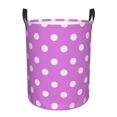 White Polka Dots Light Violet Laundry Basket Waterproof Foldable Laundry Hamper with Durable Handle Round Storage Bin Dirty Clothes Bag for Bedroom Bathroom College Dorm