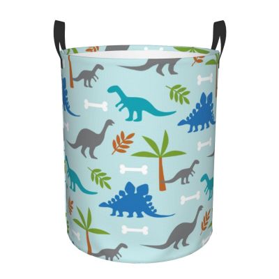 Dinosaur Palm Tree Laundry Hamper with Durable Handle Waterproof Collapsible Laundry Basket Circular Dirty Clothes Storage Basket for Bathroom Bedroom Dorm Nursery