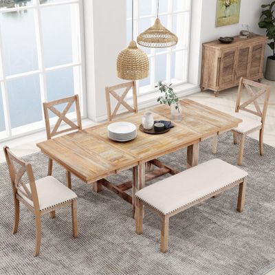 6-Piece Dining Table Set for 6, 82'' Extendable Dining Table with Bench and 4 Upholstered Dining Chairs,Wood Rectangle Kitchen Table w/ 11" Removable Side Leaf, Dining Room Table and Chair Set,Natural