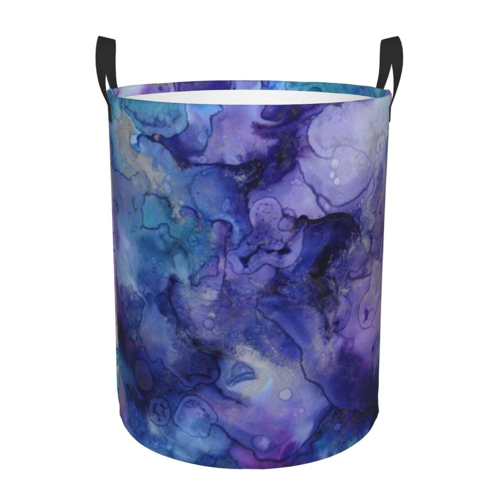 Abstract Purple Ink Marble Texture Laundry Hamper with Durable Handle Waterproof Foldable Laundry Basket Circular Dirty Clothes Storage Basket for Bedroom Bathroom and Nursery