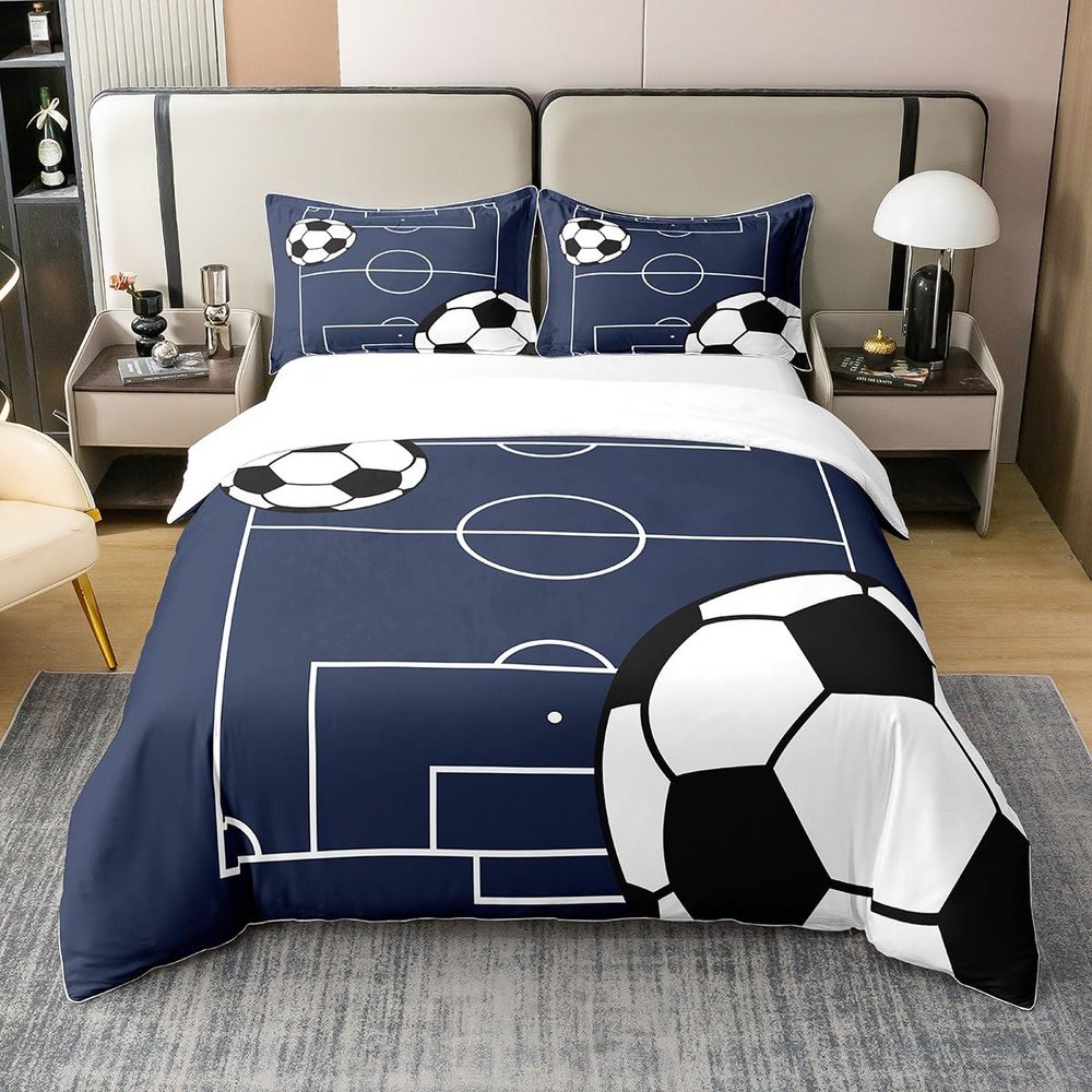 100% Nature Cotton Cartoon Football Pattern Duvet Cover Twin Size,Watercolor Black White Geometric Hexagon Bedding Set (Not Comforter),Retro Abstract Football Field Comforter Cover Bedding 3 Piece