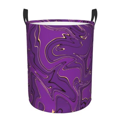 Violet Gold Marble Abstract Liquid Laundry Basket Waterproof Foldable Laundry Hamper with Durable Handle Circular Dirty Clothes Storage Basket for Bathroom Bedroom Home