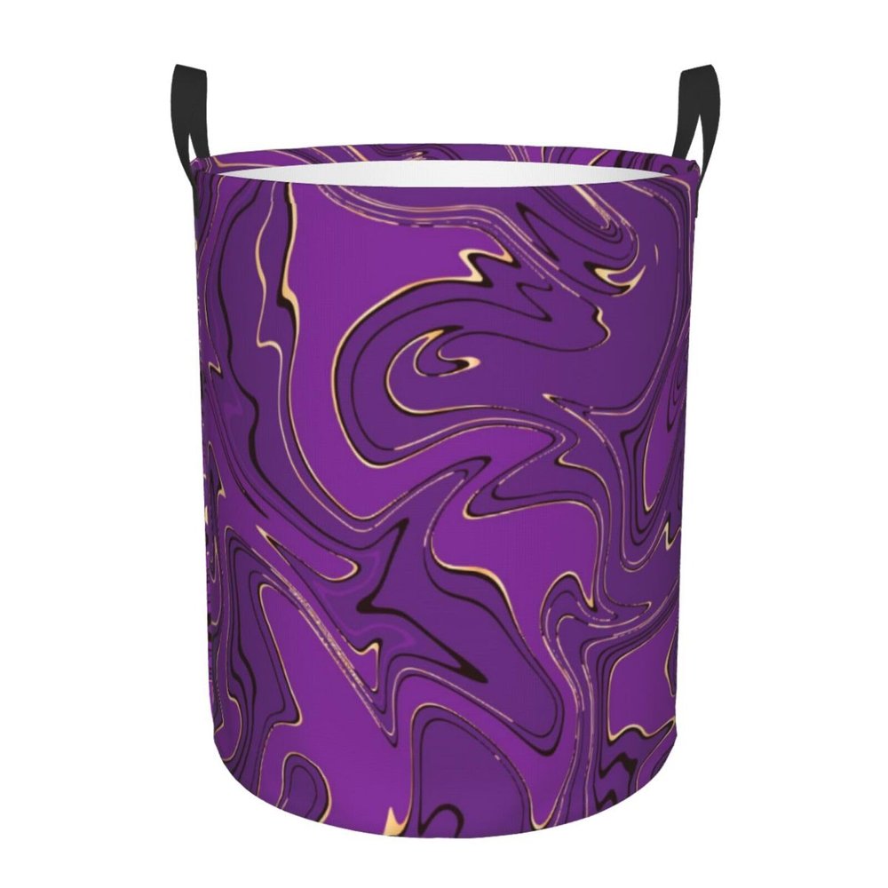 Violet Gold Marble Abstract Liquid Laundry Basket Waterproof Foldable Laundry Hamper with Durable Handle Circular Dirty Clothes Storage Basket for Bathroom Bedroom Home