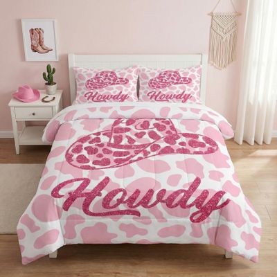 WeCozy Twin Size Comforter Set with Pillowcase, Western Cowboy Cow 2 Pcs Bedding for Kids and Adults, Pink Cowgirl Leopard Print Soft Comforter Set for Bedroom Bed Decor