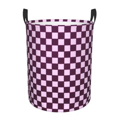 Purple Checkered Checked Laundry Basket Waterproof Collapsible Laundry Hamper with Durable Handle Round Storage Basket Dirty Clothes Organizer Bag for Bedroom Bathroom College Dorm
