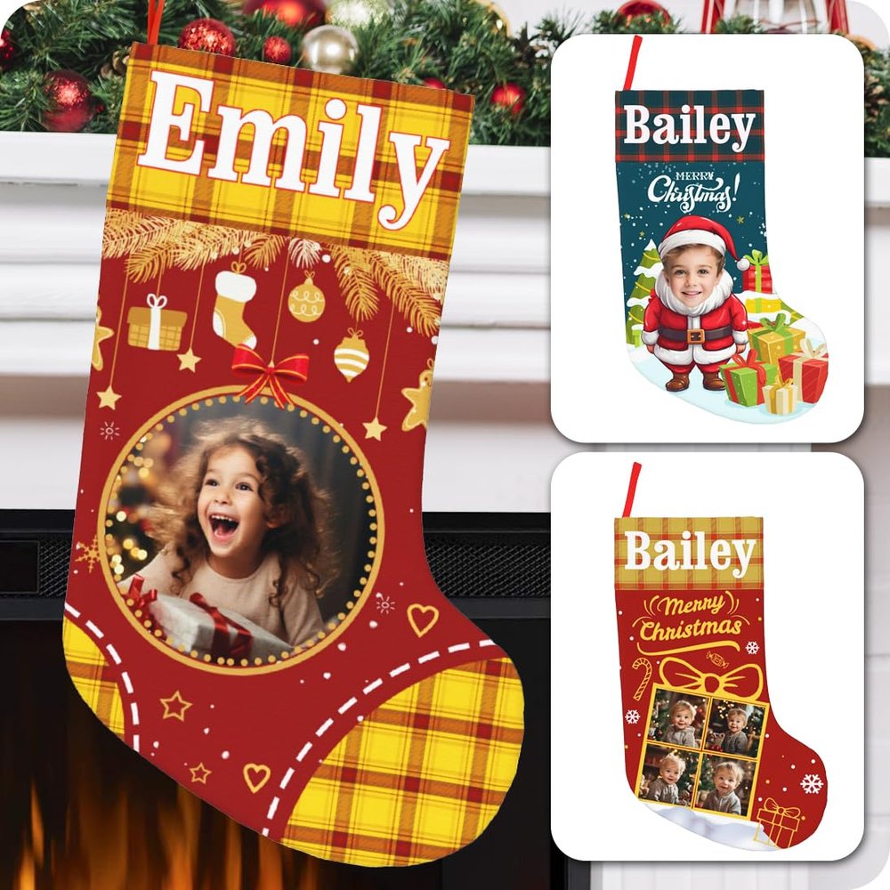 Personalized Christmas Stockings Custom Stocking with Name Picture Customized Xmas Stockings Personalized Buffalo Plaid Snowflake Stockings for Family Holiday Christmas Party Decor (Ornaments)
