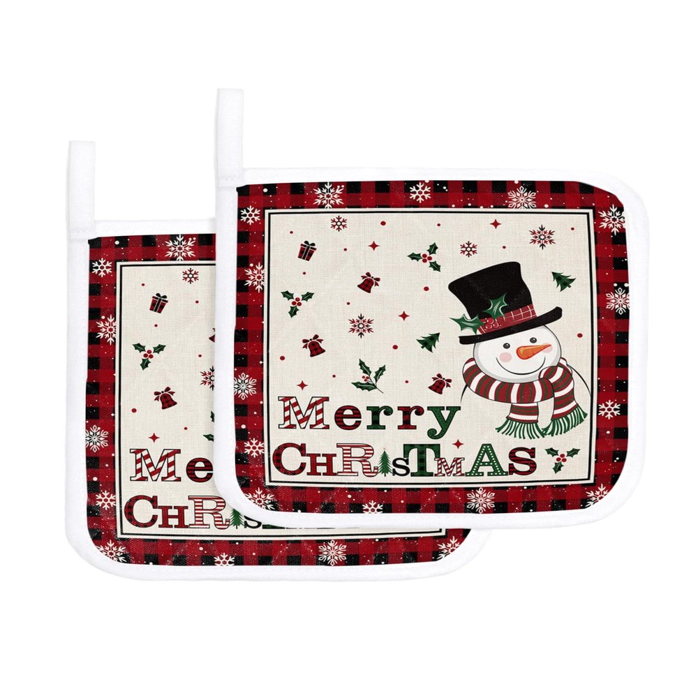 2 Pack Pot Holder for Kitchen,Merry Christmas Snowman Holly Bell Heat-Proof Potholder with Hanging Loop Hot Pad Pot Holders for Cooking Baking BBQ,Snowflake on Flax Plaid