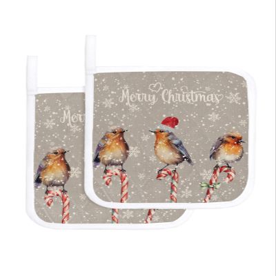 2 Pack Pot Holder for Kitchen,Christmas Watercolor Robin Bird Heat-Proof Potholder with Hanging Loop Hot Pad Pot Holders for Cooking Baking BBQ,Snowflake on Gray Burlap