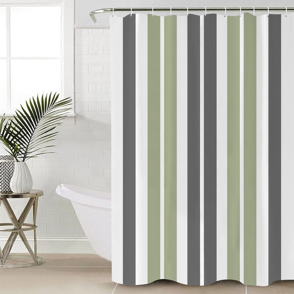 Huotupsine Sage Green Grey Striped Shower Curtain Set - Extra Long 72" x 96" Washable Bathtub Curtain with 12 Hooks, Gray Modern Abstract Art Waterproof Fabric Stall Shower Curtains for Bathroom