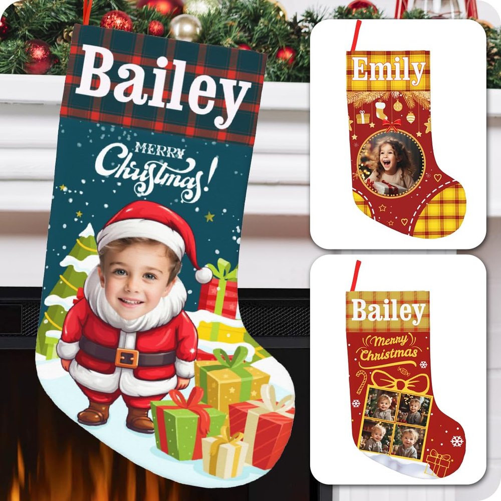 Personalized Christmas Stockings Custom Stocking with Name Picture Customized Xmas Stockings Personalized Buffalo Plaid Snowflake Stockings for Family Holiday Christmas Party Decor (Santa Claus)