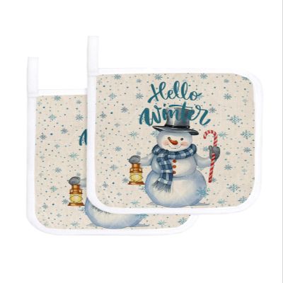 2 Pack Pot Holder for Kitchen,Winter Christmas Snowman Lantern Heat-Proof Potholder with Hanging Loop Hot Pad Pot Holders for Cooking Baking BBQ,Blue Snowflake on Burlap