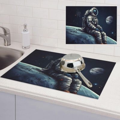 Astronaut space Print Dish Drying Mat for Kitchen Counter Super Absorbent Microfiber Drainer Mats Large Size Dish Drying Pad Quick Drying Dish Rack Pad 18"x 24"