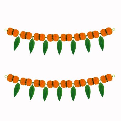 Artificial Marigold with Mango Leaf Door Hanging,Bandanwar,Bandharwal for Festival Decoration|Mango Leaf Bandhanwar for Door Entrance|Mango Leaf Thoranam, Size 36X8 Inch, Colour Orange, Pack of 2