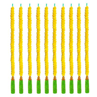 Handmade Decorative Artificial Marigold Fluffy Garland with Bell & Feather Wool Tassel in The Bottom|Marigold Flower for Decoration, Size 6 Feet, Pack of 10- Yellow