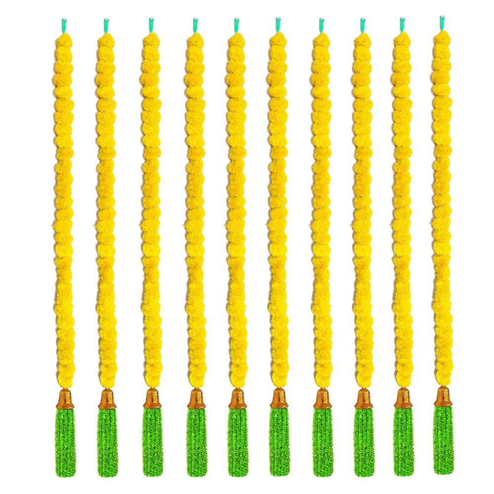 Handmade Decorative Artificial Marigold Fluffy Garland with Bell & Feather Wool Tassel in The Bottom|Marigold Flower for Decoration, Size 6 Feet, Pack of 10- Yellow