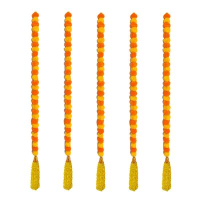 Handmade Decorative Artificial Marigold Fluffy Garland with Bell & Feather Wool Tassel in The Bottom|Marigold Flower for Decoration, Size 6 Feet, Pack of 5