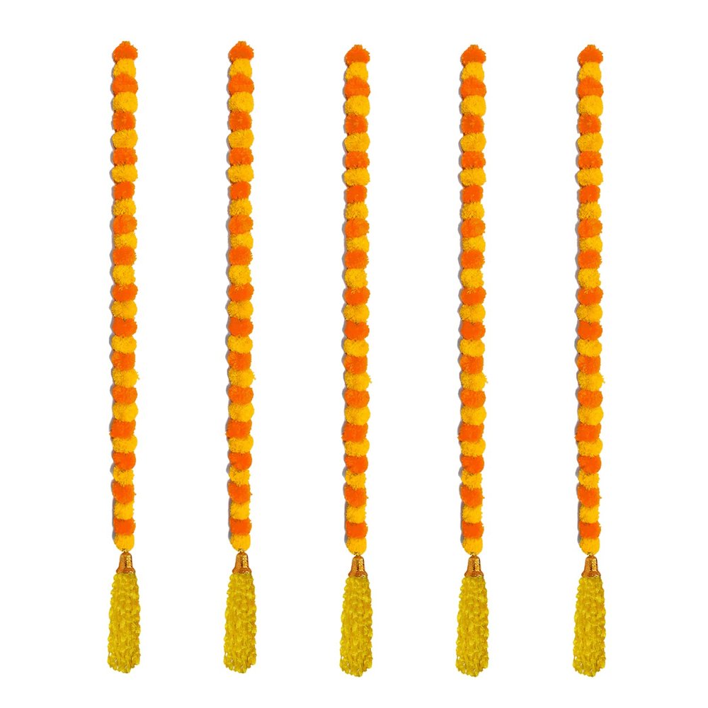 Handmade Decorative Artificial Marigold Fluffy Garland with Bell & Feather Wool Tassel in The Bottom|Marigold Flower for Decoration, Size 6 Feet, Pack of 5