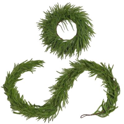 2PCS Christmas Norfolk Pine Wreath 20 inch and 6ft Norfolk Pine Garland,Artificial Faux Greenery Garland Wreath for Front Door Holiday Thanksgiving Fall Winter Decor