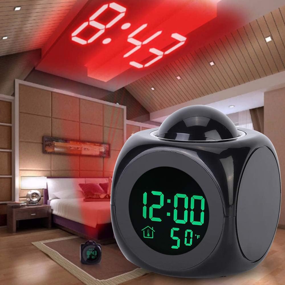 Digital Projection Alarm Clock for Bedroom with Indoor Temperature Display and USB Cable, LCD Display Alarm Clocks for Bedrooms Ceiling Wall, 12/24H
