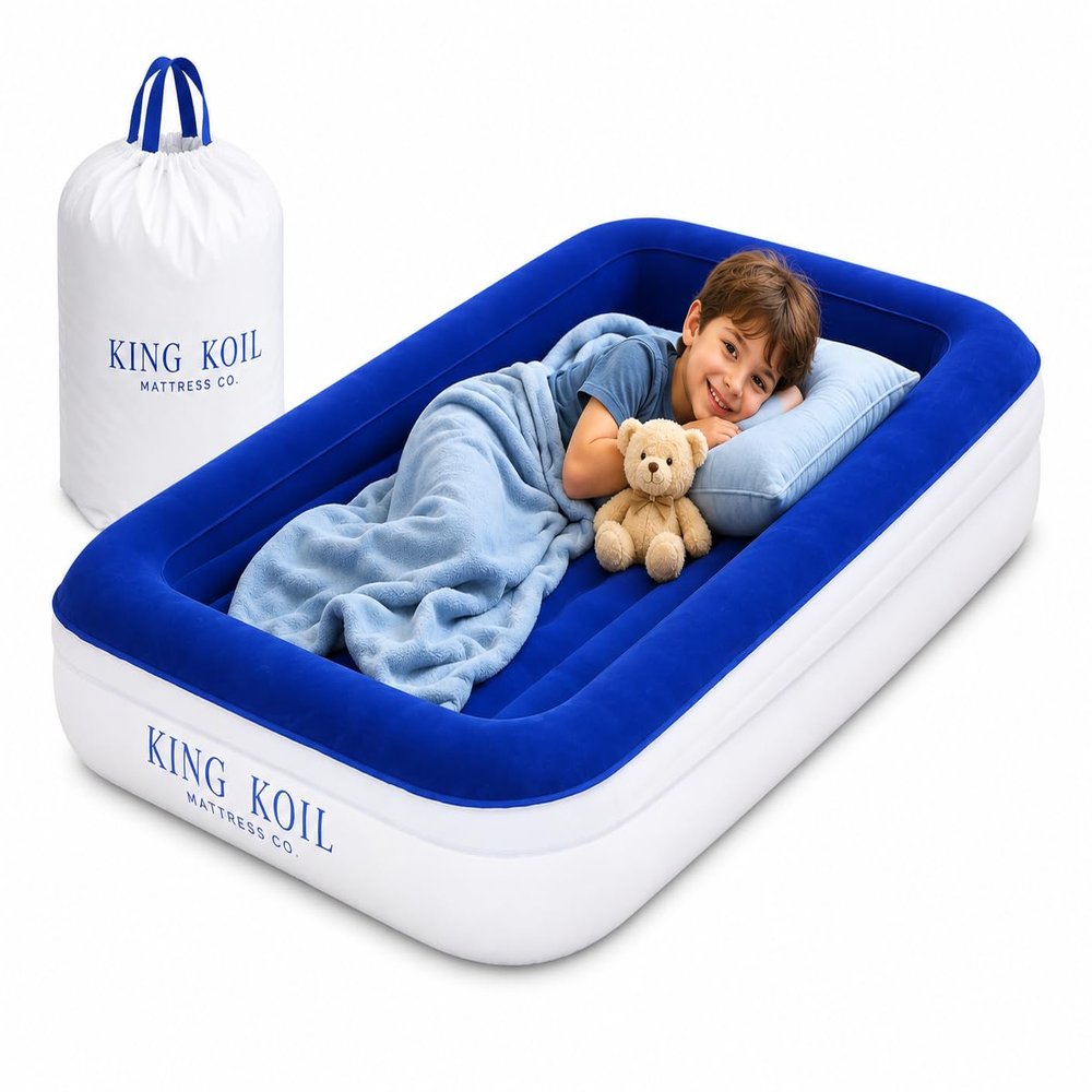 King Koil Toddler Travel Bed - Inflates in 30 Seconds, Built-in Safety Bumper, Ages 3+ Portable Kids Air Mattress for Hotels, Camping, Grandparents, Travel - Fits Crib Sheets, CNN-Featured Brand