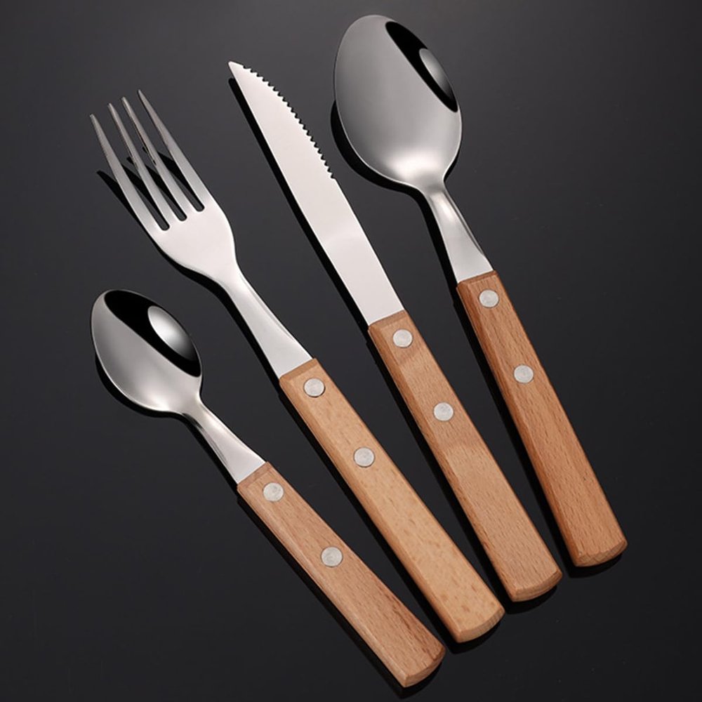 Silver Flatware Set Wooden Handle Silverware,48 PCS Silverware Set for 12,304 Stainless Steel Cutlery Set mirror polised Ideal for family dinners, entertaining guests, holiday gift-giving Light