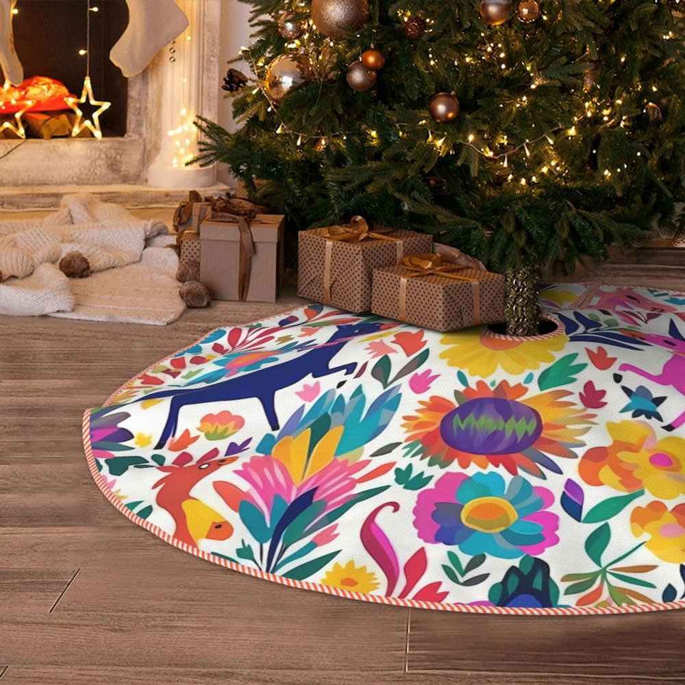 36" Christmas Tree Skirt with Mexican Otomi Animals Christmas Tree Decoration Mat Rustic Xmas Tree Cover Mat Waterproof Xmas Tree Skirt for Holiday Farmhouse Decorations
