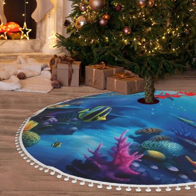 30" Christmas Tree Skirt with Pom Poms Underwater World Christmas Tree Mat Cover Xmas Tree Skirt for Xmas Holiday Party Christmas Decoration Ornaments Pom Poms Tree Skirt for Happy New Year