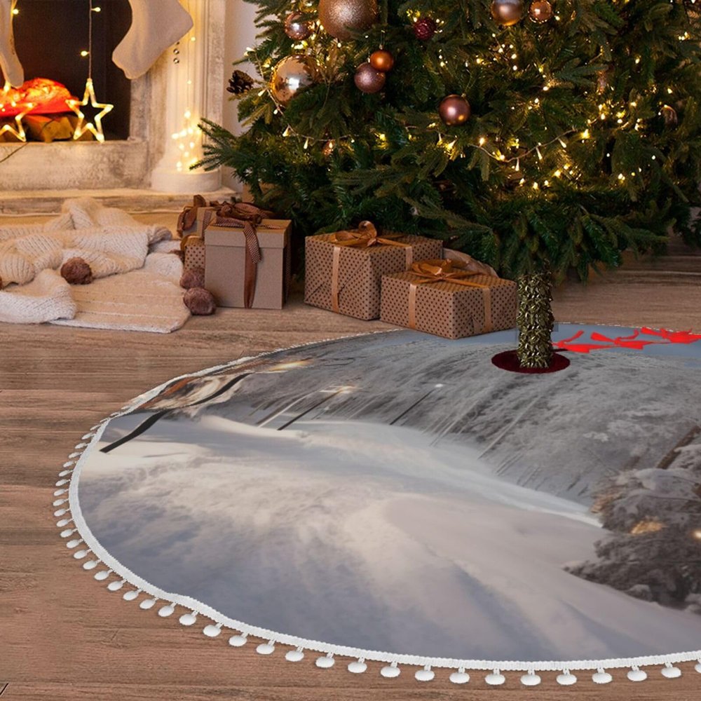 30" Christmas Tree Skirt with Pom Poms Winter Park Christmas Tree Mat Cover Xmas Tree Skirt for Xmas Holiday Party Christmas Decoration Ornaments Pom Poms Tree Skirt for Happy New Year