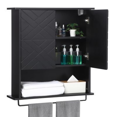 GAOMON Medicine Cabinet with Two Door, Wood Wall Mounted Bathroom Storage Cabinet with Adjustable Shelf and Towel Bar, 2-Tier Cabinet for Bathroom Living Room Laundry Room Kitchen, Black